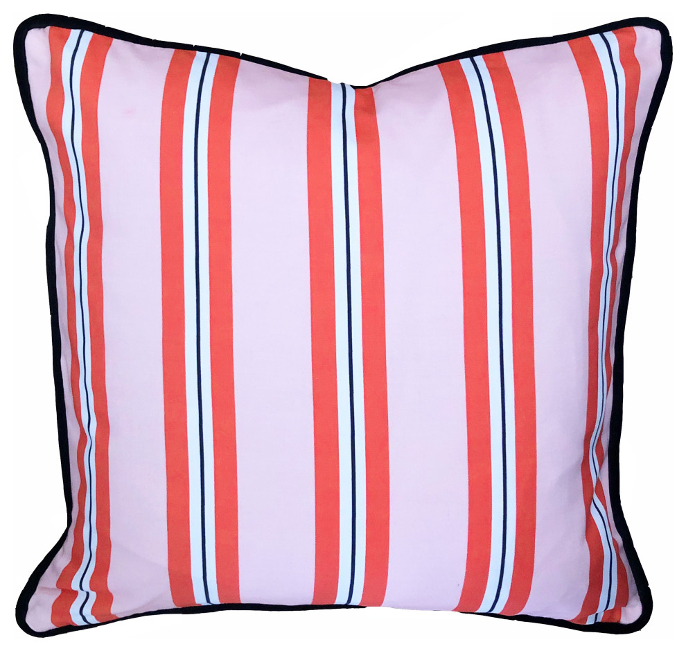 Ticking stripe cushion in pink and red