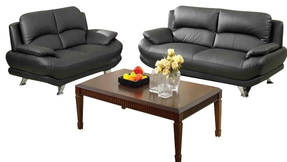 2 pc Alice modern style black bonded leather upholstered sofa and love seat set