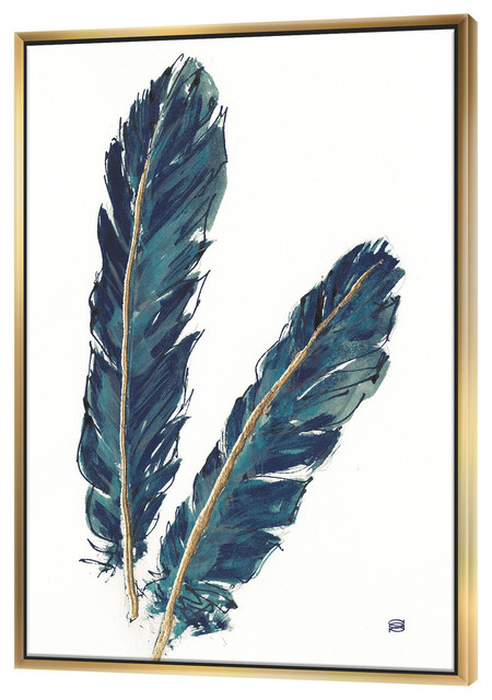 Designart Gold Indigo Feathers Iv Modern Bohemian Framed Canvas Contemporary Prints And Posters By Design Art Usa Houzz