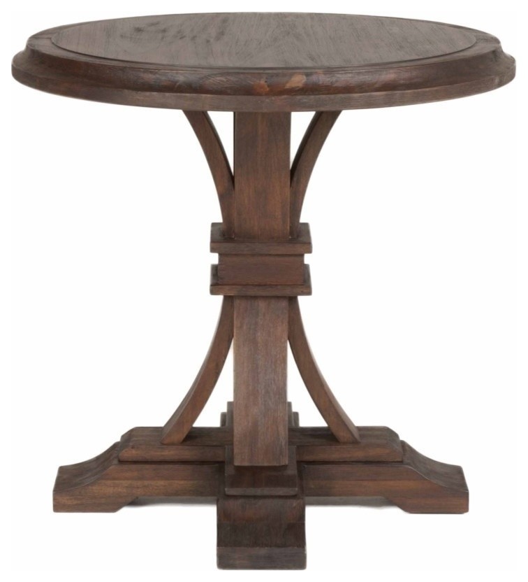 Round Wooden Accent Table, Rustic Java Brown Traditional Side