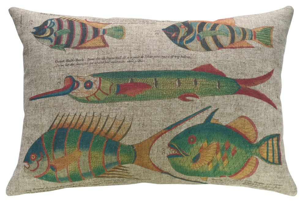 Fish Lithograph Linen Pillow, 18"x12"