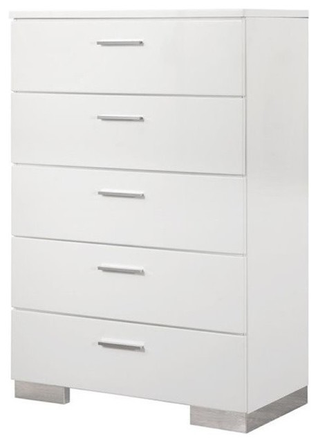 Bowery Hill 5 Drawer Chest In Glossy White And Silver Dressers