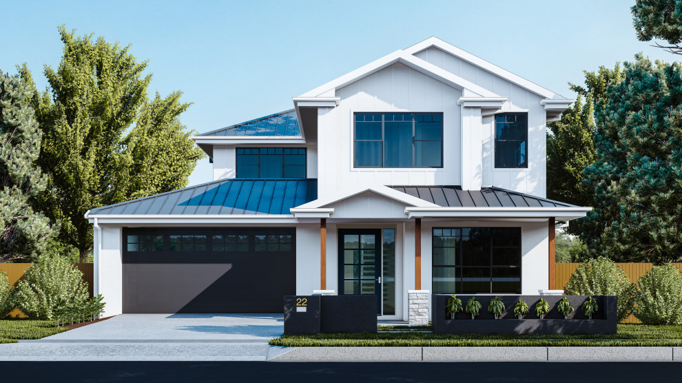 Mittelgroßes, Zweistöckiges Klassisches Einfamilienhaus mit Mix-Fassade, weißer Fassadenfarbe, Satteldach, Blechdach, schwarzem Dach und Wandpaneelen in Brisbane