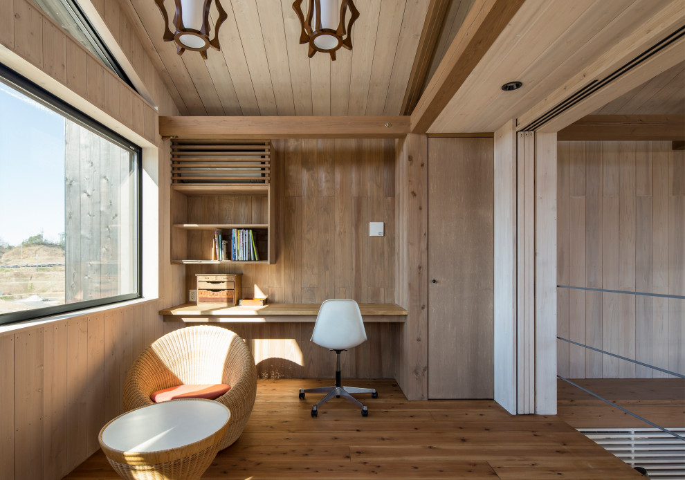 Inspiration for a mid-sized asian study room in Tokyo with beige walls, medium hardwood floors, a built-in desk, brown floor, wood and wood walls.