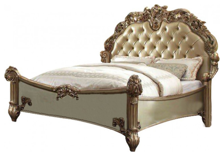 Wooden Bed with Nailhead Trim, Bone and Gold Patina Victorian