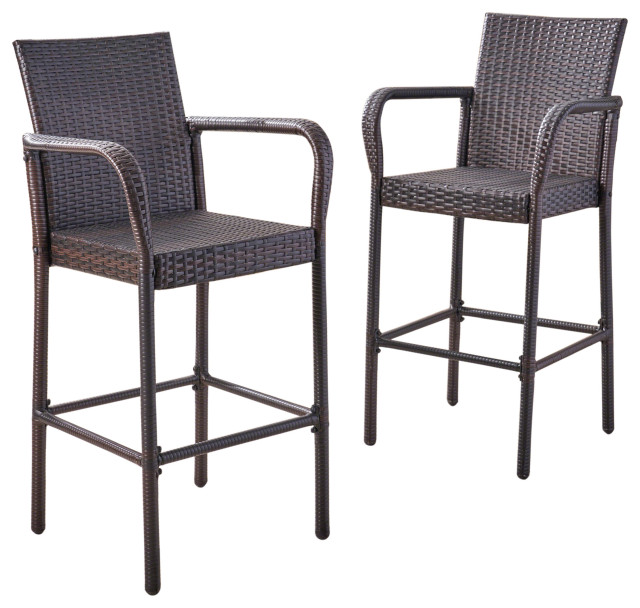 GDF Studio Stewart Outdoor Brown Wicker Bar Stool, Set of 2 Tropical