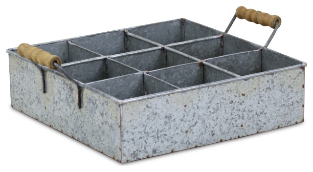 6 Compartment Galvanized Metal Caddy With Wood Grip Handles Farmhouse Baskets By Clickhere2shop Houzz