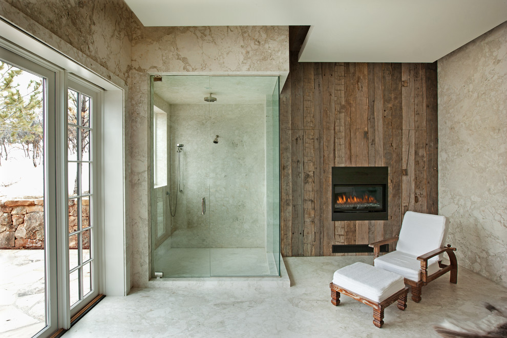 Design ideas for a large country master bathroom in Denver with a corner shower, beige walls and marble floors.