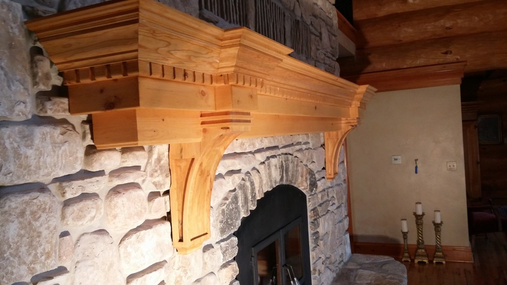 Inspiration for a huge rustic open concept home design remodel with a two-sided fireplace and a tile fireplace