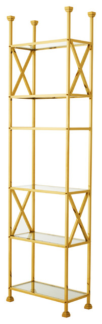 Eichholtz Delmar Hollywood Regency Gold Glass 6 Shelved Etagere Display Bookcase