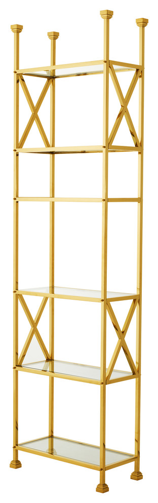 Eichholtz Delmar Hollywood Regency Gold Glass 6 Shelved Etagere Display Bookcase