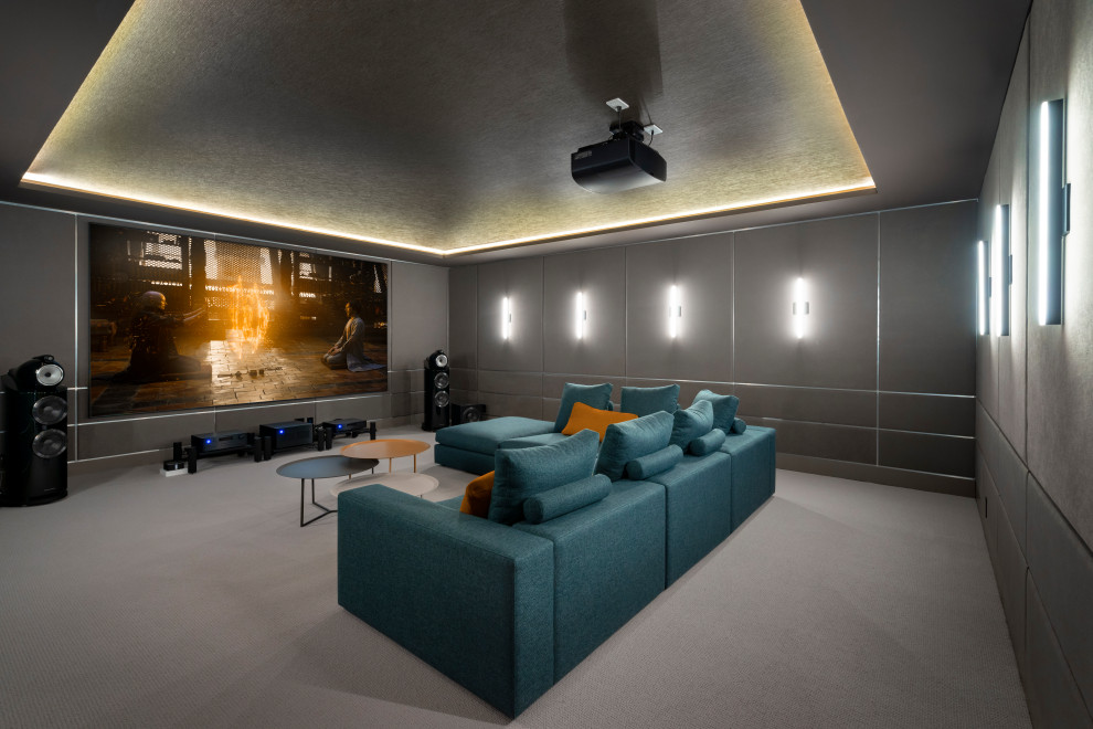 Inspiration for a contemporary enclosed carpeted and gray floor home theater remodel in Los Angeles with gray walls