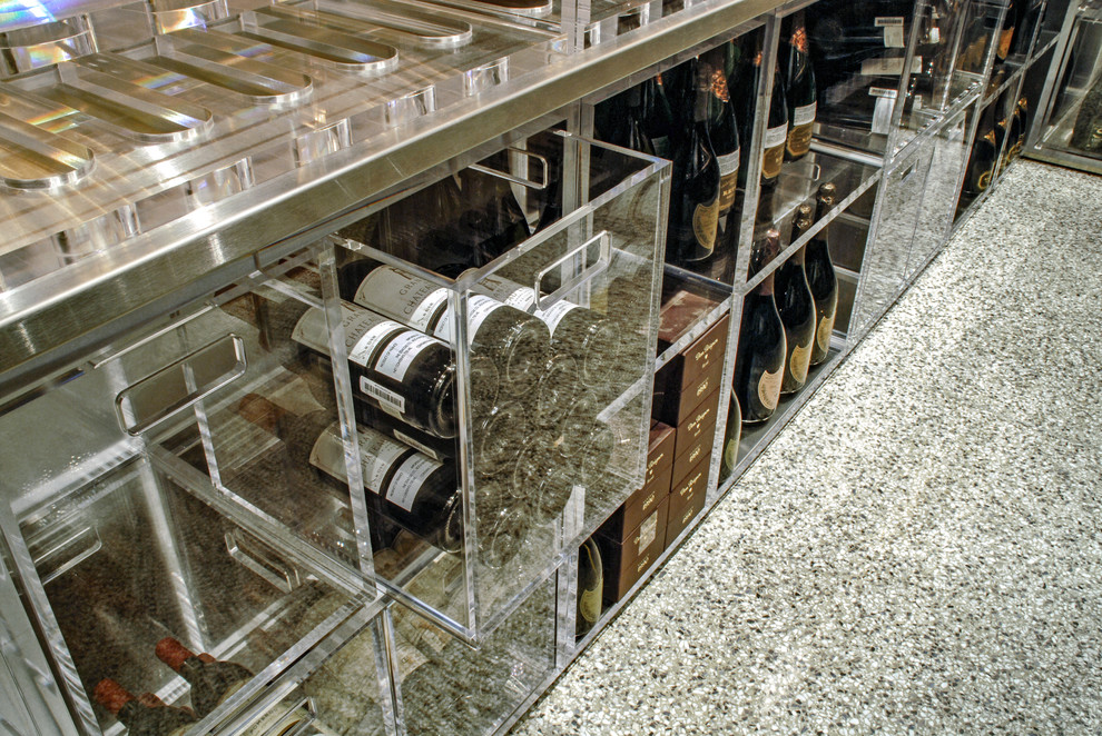 This is an example of a large modern wine cellar in San Francisco with linoleum floors, storage racks and white floor.
