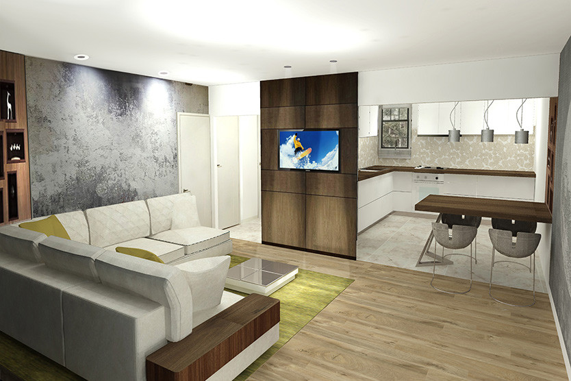 Inspiration för moderna vardagsrum, med vita väggar, mellanmörkt trägolv, en inbyggd mediavägg och beiget golv