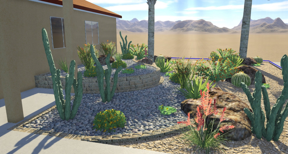 На фото: солнечный, весенний участок и сад среднего размера на переднем дворе в стиле неоклассика (современная классика) с пустынными растениями, хорошей освещенностью и мощением тротуарной плиткой