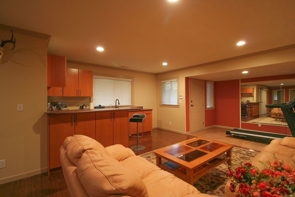 Inspiration for a mid-sized transitional walk-out dark wood floor and brown floor basement remodel in Vancouver with multicolored walls and no fireplace
