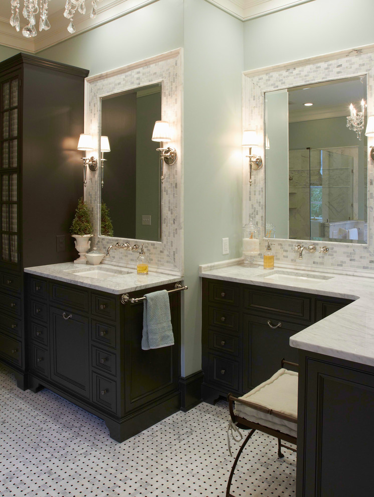 Large transitional master gray tile, white tile and marble tile marble floor and multicolored floor claw-foot bathtub photo with green walls, recessed-panel cabinets, dark wood cabinets, an undermount sink, marble countertops and a hinged shower door