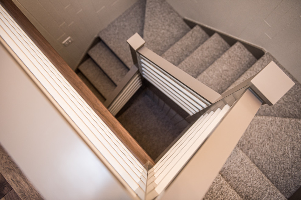 Photo of a mid-sized midcentury carpeted u-shaped staircase in Denver with metal railing.