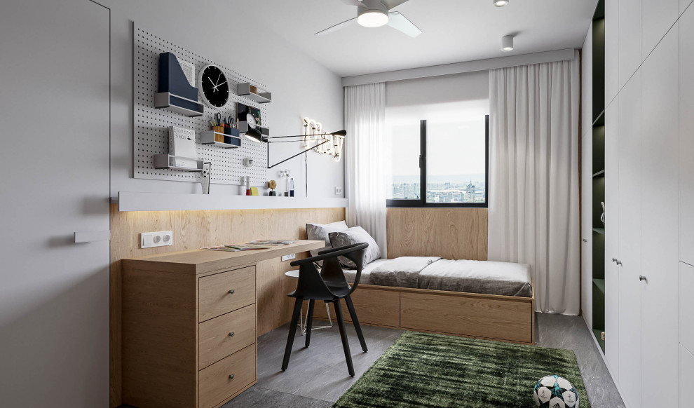 Photo of a mid-sized modern kids' bedroom for kids 4-10 years old and boys in Valencia with white walls, porcelain floors, grey floor and wood walls.