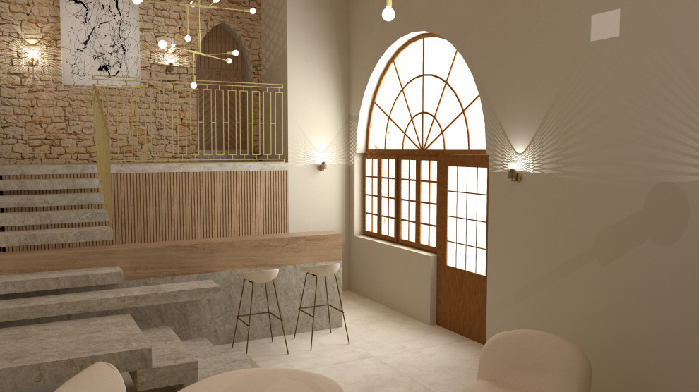 Cette image montre un grand salon beige et blanc minimaliste avec un bar de salon, un mur blanc, un sol en calcaire, une cheminée standard, un manteau de cheminée en pierre, aucun téléviseur, un sol blanc, un plafond voûté et un plafond cathédrale.