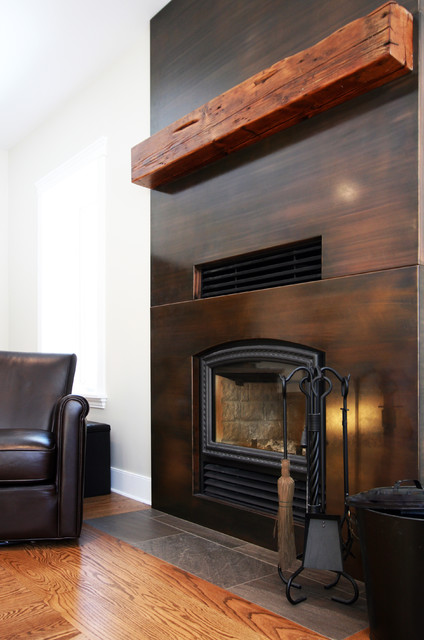 Copper Clad Fireplace With Reclaimed Wood Mantel Traditional