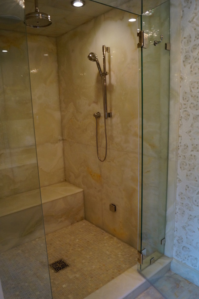 Honey Onyx Slab Shower with Mosaic Wall Mural Cut From Honey Onyx and White Thas