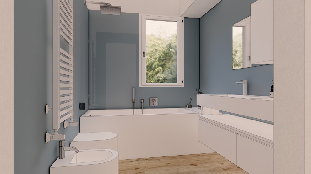 На фото: большая ванная комната в скандинавском стиле с фасадами разных видов, белыми фасадами, накладной ванной, душем над ванной, раздельным унитазом, синей плиткой, плиткой, синими стенами, полом из плитки под дерево, душевой кабиной, монолитной раковиной, столешницей из искусственного камня, коричневым полом, душем с распашными дверями, белой столешницей, тумбой под одну раковину, подвесной тумбой, многоуровневым потолком и любой отделкой стен с