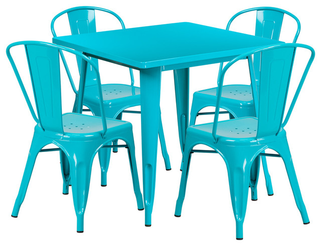 31.5" Square Metal Table Set, Crystal Teal/Blue