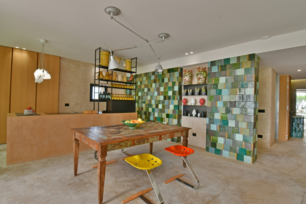 Photo of a mediterranean eat-in kitchen in Other with open cabinets, with island and beige floor.