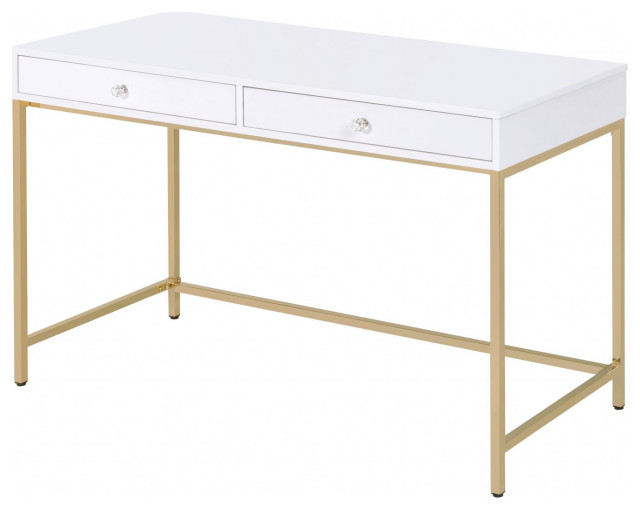 Sleek And Glossy White And Gold Office Desk Contemporary Desks And