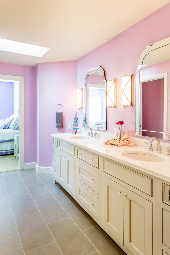 Alcove bathtub - large transitional kids' white tile and ceramic tile porcelain tile alcove bathtub idea in Seattle with an undermount sink, beaded inset cabinets, gray cabinets, quartz countertops, a one-piece toilet and purple walls