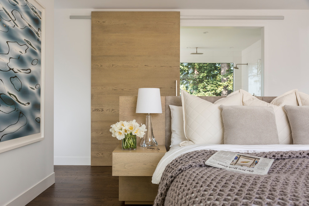 Mid-sized contemporary master bedroom in San Francisco with white walls and dark hardwood floors.