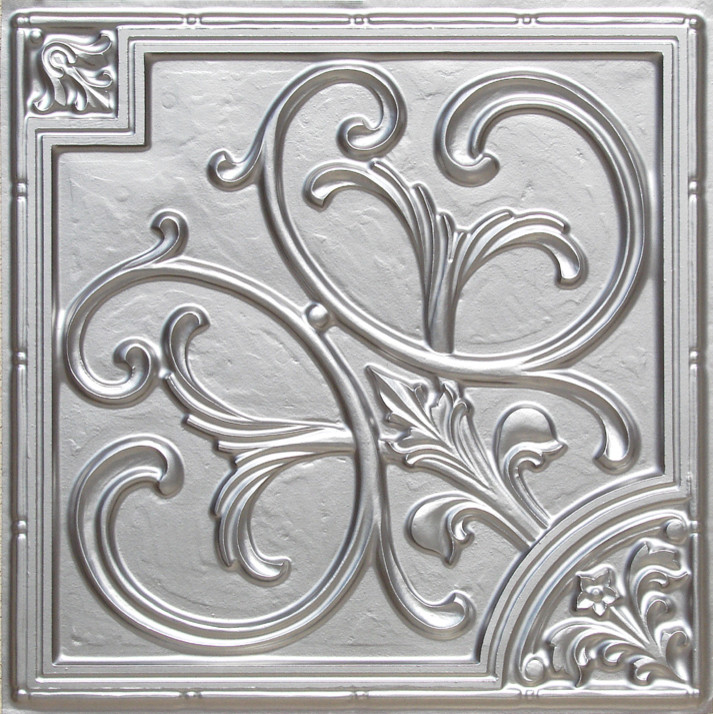 Lillies and Swirls - Faux Tin Ceiling Tile - 24"x24" - #204 (Silver)