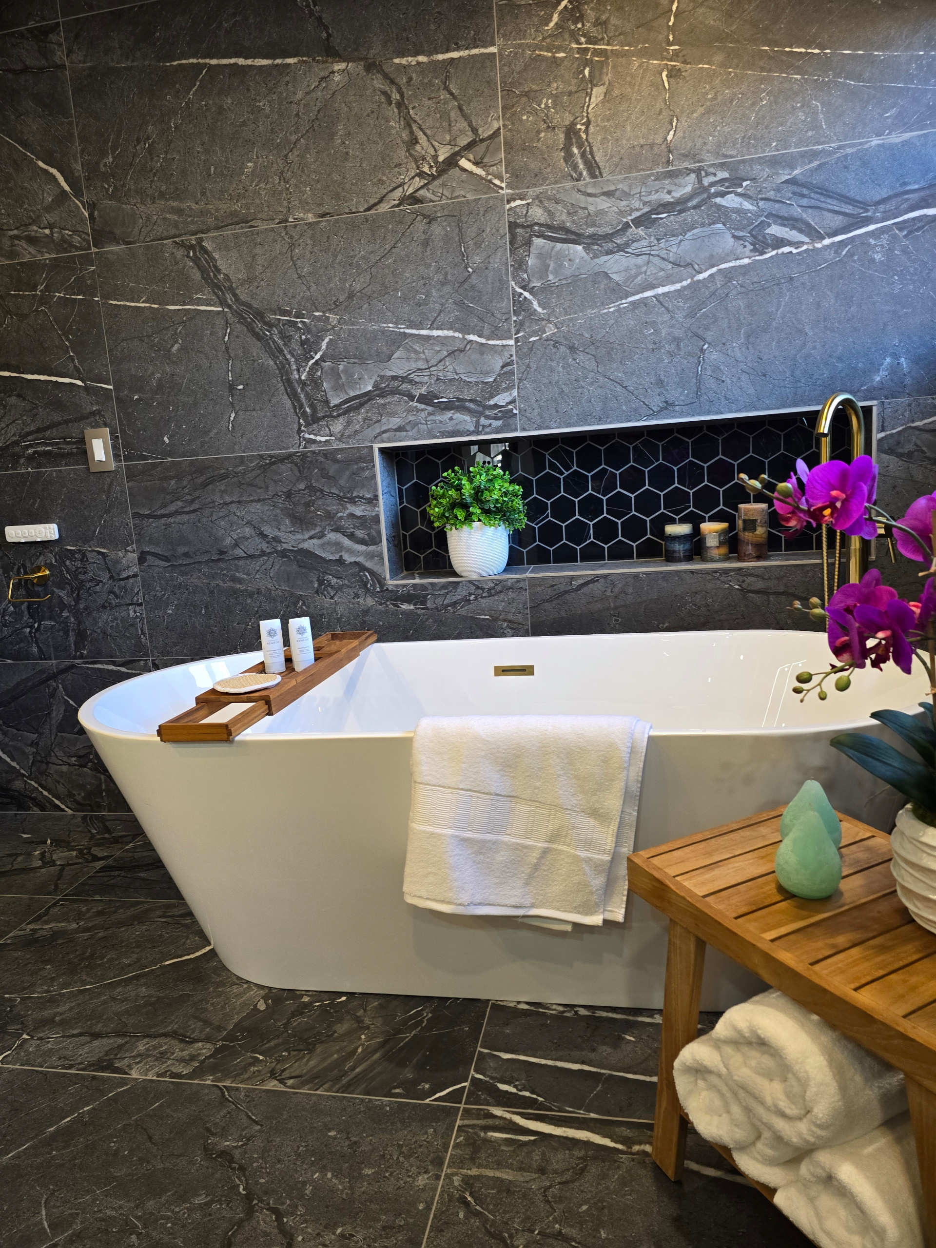 Main Bath full remodeling with custom vanity, freestanding tub & walk-in shower