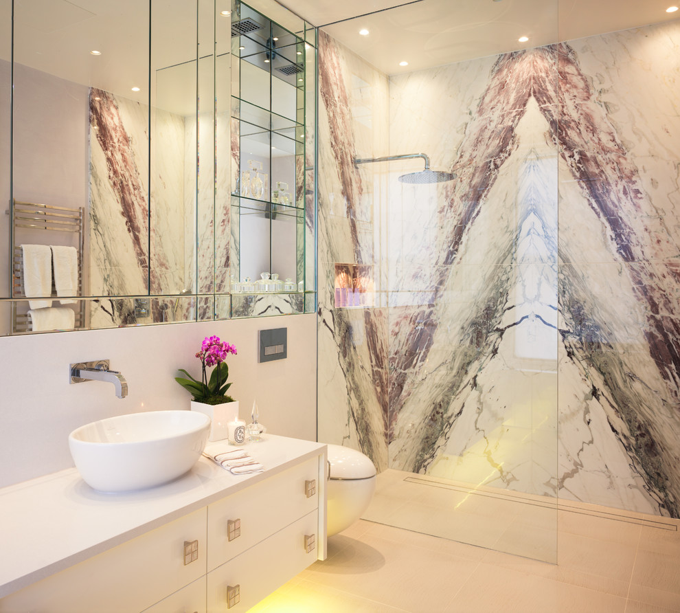 This is an example of a contemporary 3/4 bathroom in London with flat-panel cabinets, white cabinets, a curbless shower, a wall-mount toilet, white walls, a vessel sink and an open shower.