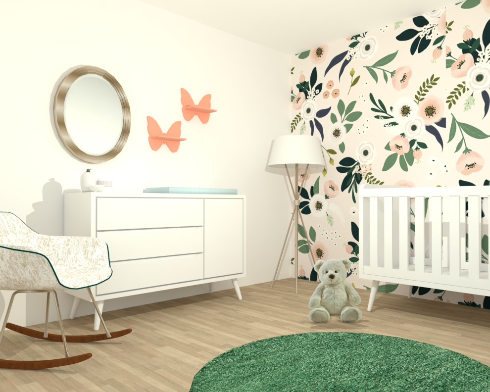 Mid-sized eclectic nursery in Other with pink walls, laminate floors, brown floor and wallpaper for girls.