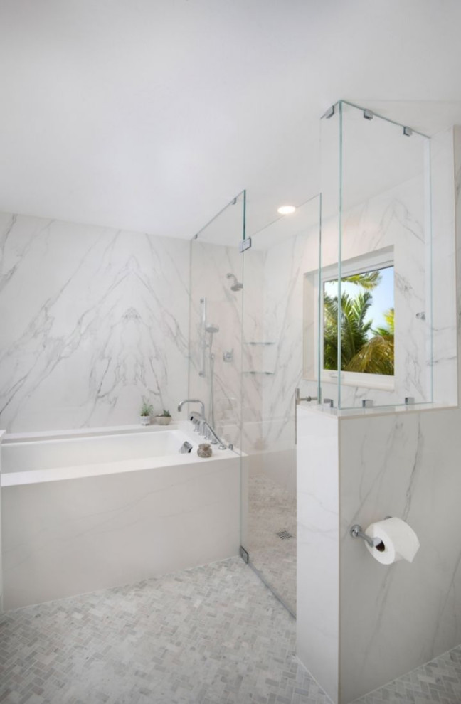 Inspiration for a large transitional master white tile and porcelain tile marble floor, white floor and double-sink alcove bathtub remodel in Miami with recessed-panel cabinets, white cabinets, a two-piece toilet, white walls, an undermount sink, quartz countertops, a hinged shower door, white countertops and a built-in vanity