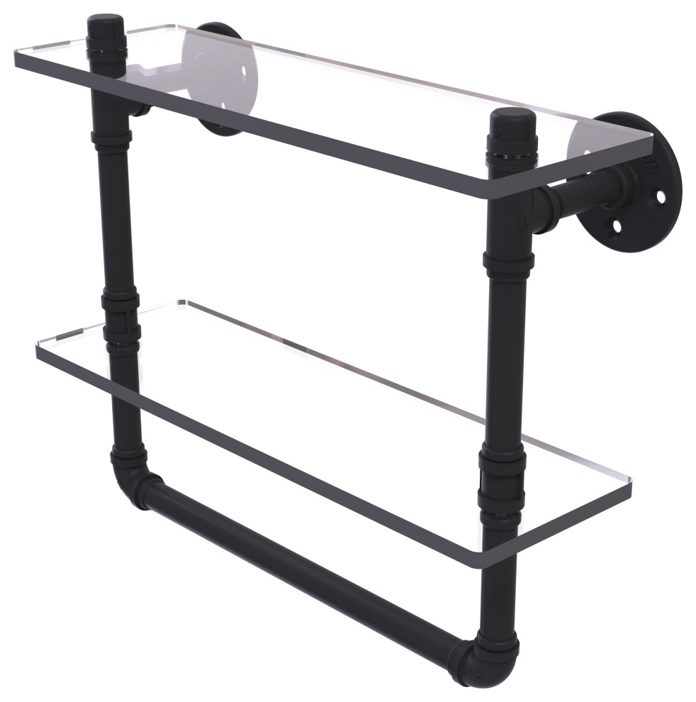 Pipeline Doulbe Glass Shelf with Towel Bar, Matte Black, 16"