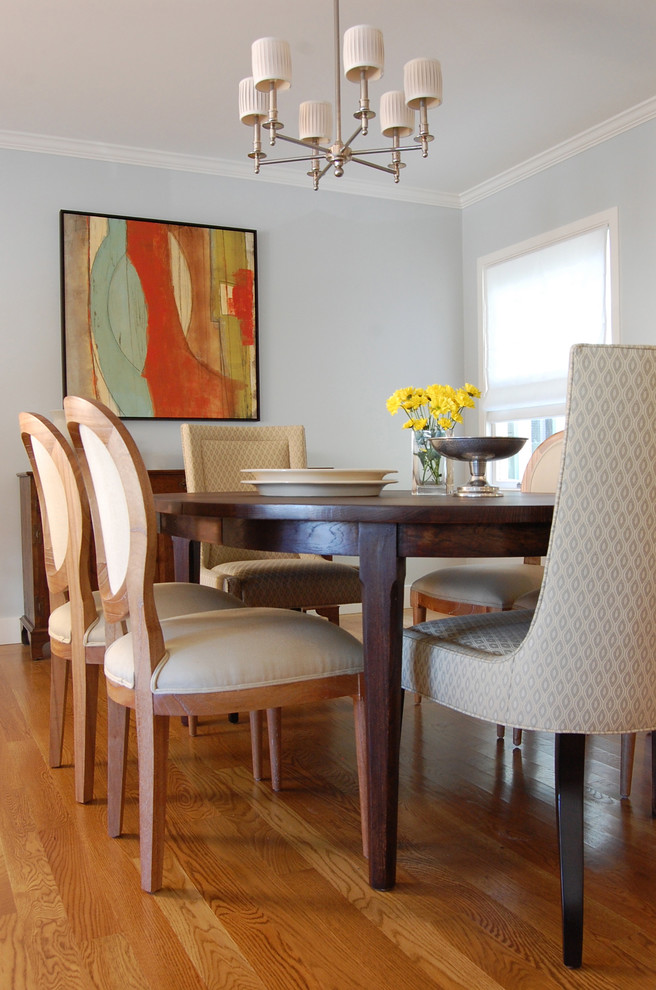 Photo of a mid-sized transitional separate dining room in San Francisco with blue walls and light hardwood floors.
