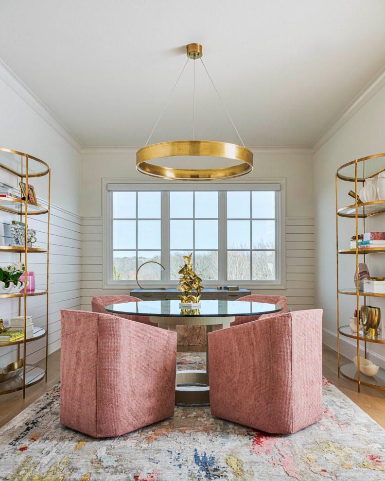 Mid-sized french country freestanding desk light wood floor home studio photo in Dallas with white walls