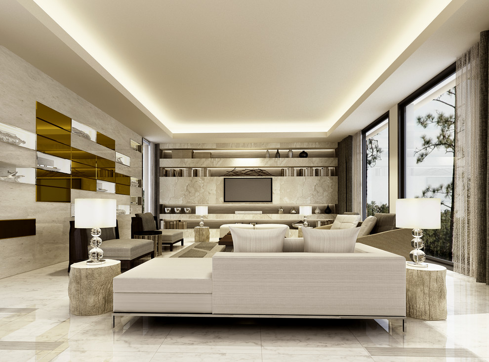 Bild på ett stort funkis separat vardagsrum, med ett finrum, beige väggar, marmorgolv och en väggmonterad TV