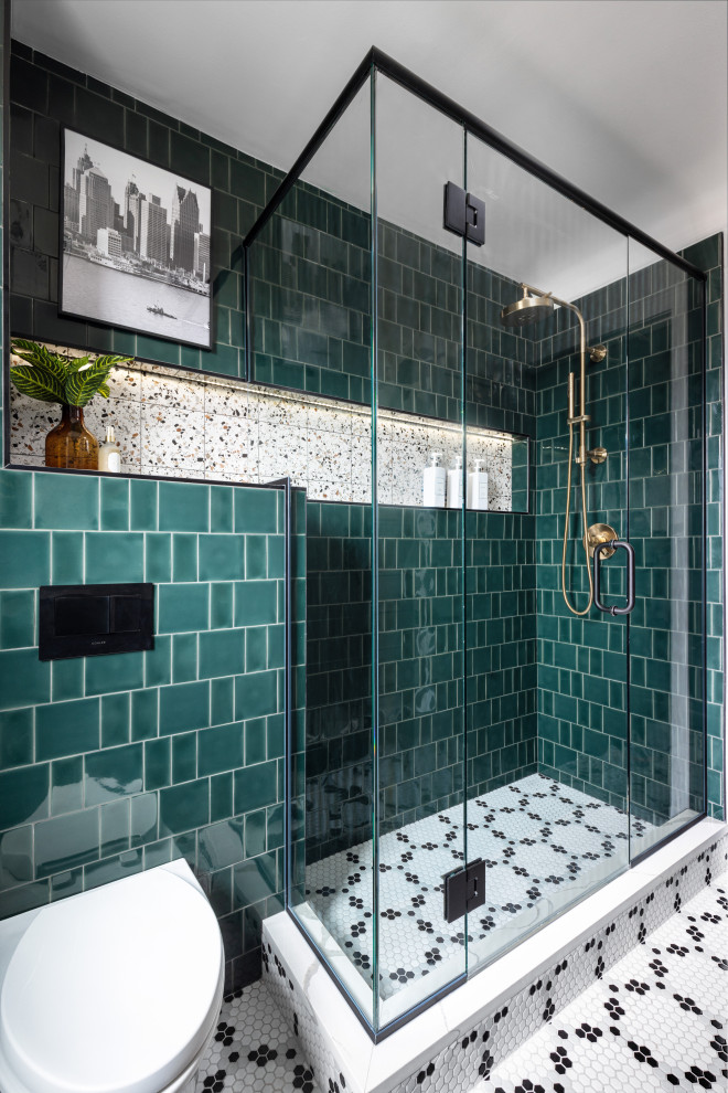 Example of a transitional turquoise tile bathroom design in Detroit