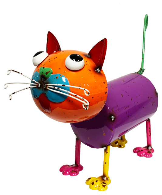 Colorful Cat Garden Statue, Purple/Orange Contemporary Garden