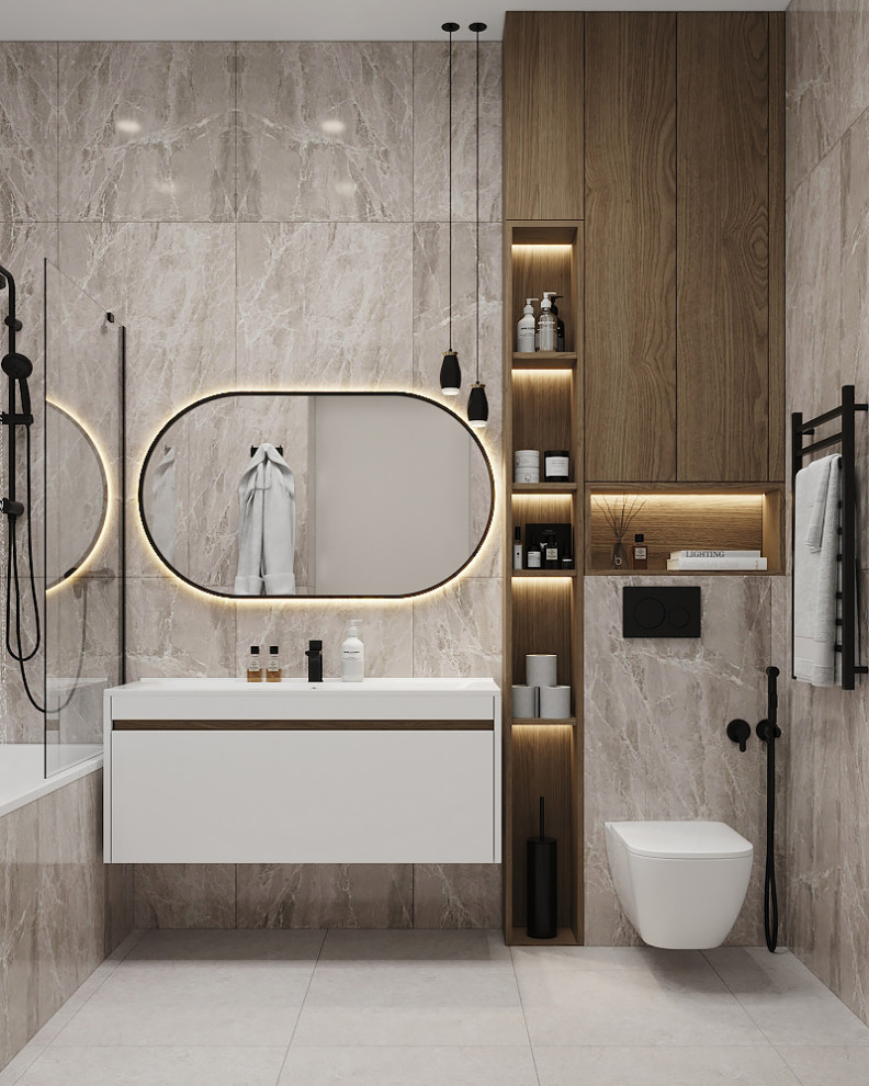 Design ideas for a small contemporary master bathroom in Moscow with flat-panel cabinets, a wall-mount toilet, beige tile, porcelain tile, beige walls, porcelain floors, a drop-in sink, beige floor, a single vanity and a floating vanity.