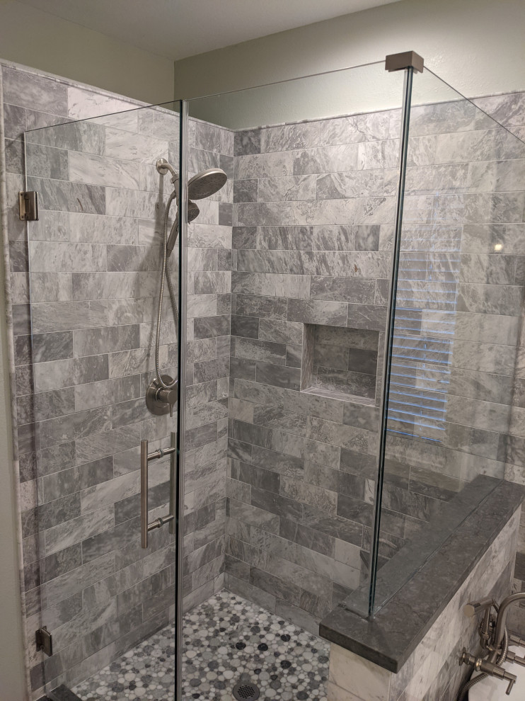 Design ideas for a classic ensuite bathroom in Houston with raised-panel cabinets, white cabinets, a freestanding bath, a walk-in shower, a bidet, grey tiles, green walls, porcelain flooring, engineered stone worktops, a hinged door, grey worktops, a shower bench, double sinks and a built in vanity unit.