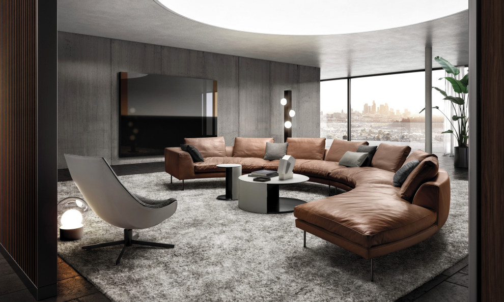Großes, Fernseherloses Modernes Wohnzimmer ohne Kamin mit gebeiztem Holzboden, braunem Boden und Wandpaneelen in Sonstige