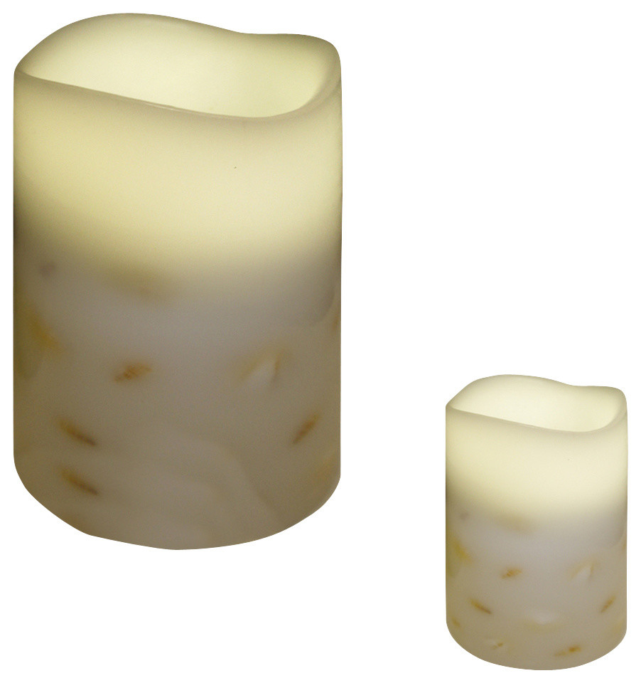 B/O Embedded Seashells Flameless LED Flickering Wax Pillar Candle, Ivory, 5.5"