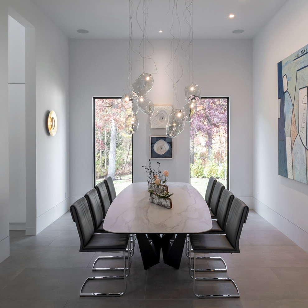 This is an example of a large contemporary separate dining room in Other with white walls, porcelain floors, no fireplace and grey floor.