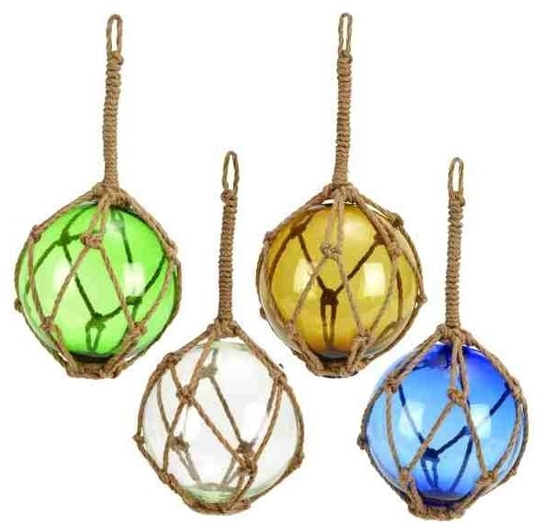 Set of 4 Glass Balls Nautical Jute Rope Netting Home Accent Decor