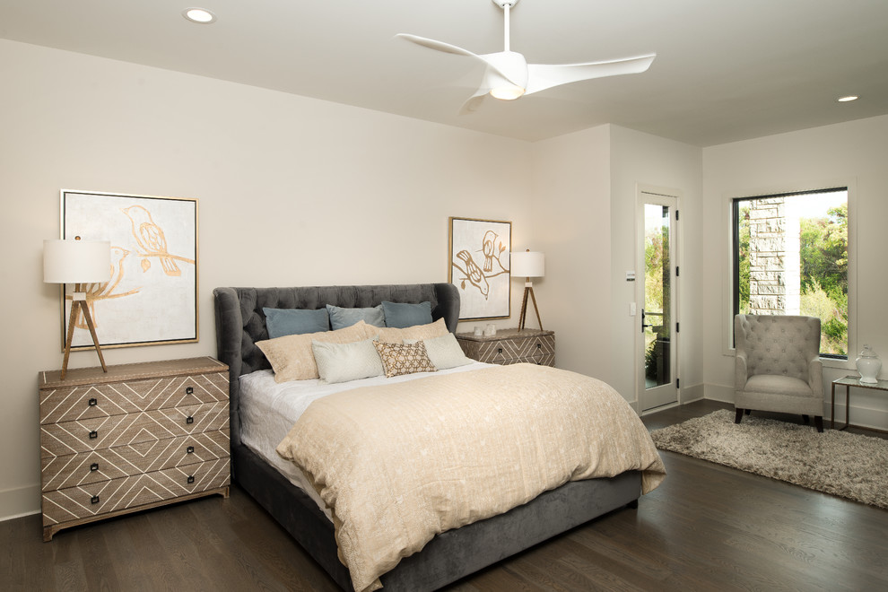 Inspiration for a mid-sized contemporary master bedroom in Wichita with white walls and dark hardwood floors.